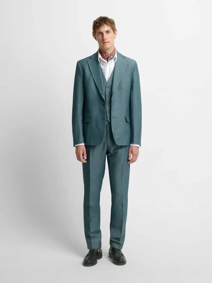 Costume 3 pièces slim bleu canard en laine et lin