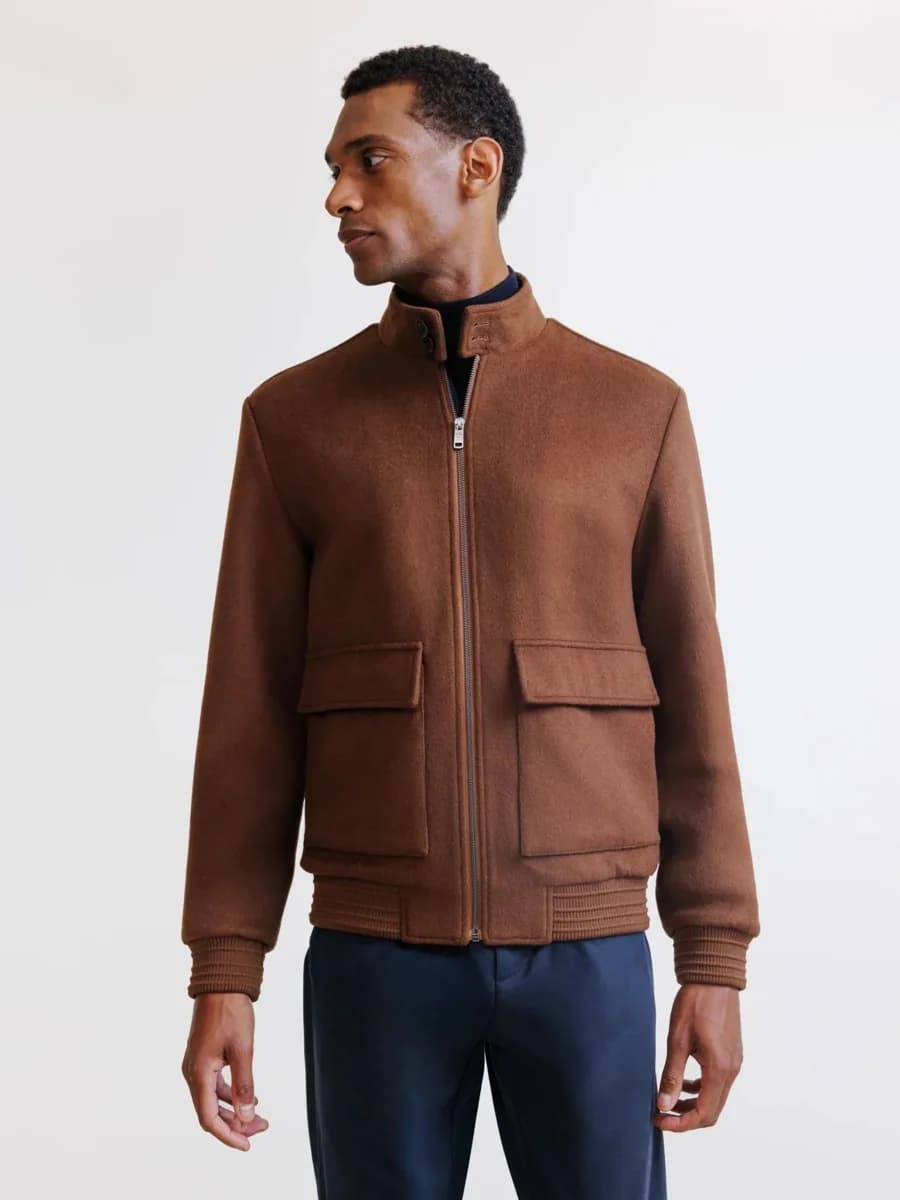 Blouson col motard en laine mélangée marron
