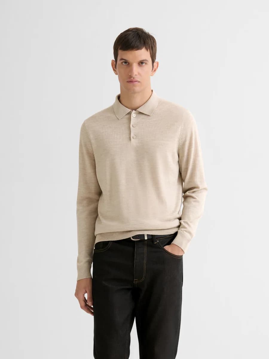 Pull col polo boutonné en laine Mérinos