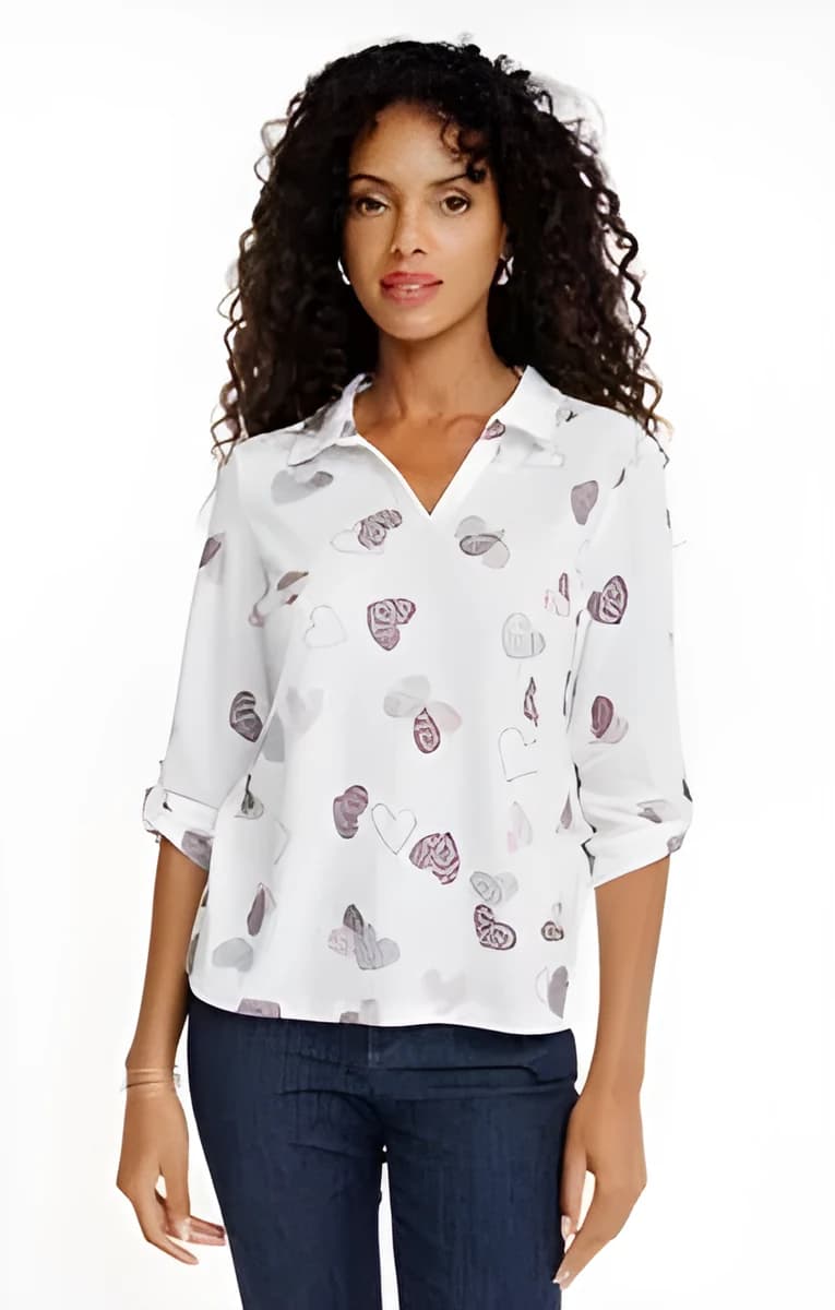 Tee-shirt 3/4 imprimé coeur – Écru