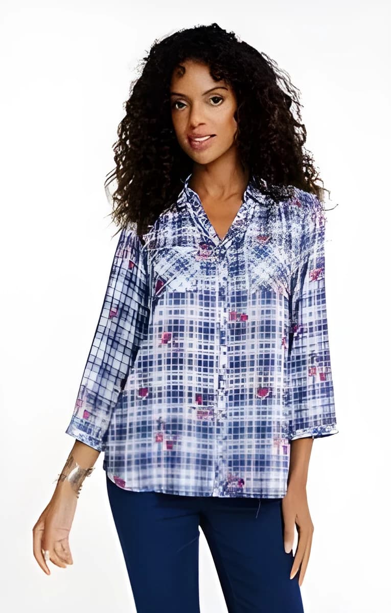 Chemise imprimée carreaux avec fleurs – Bleu