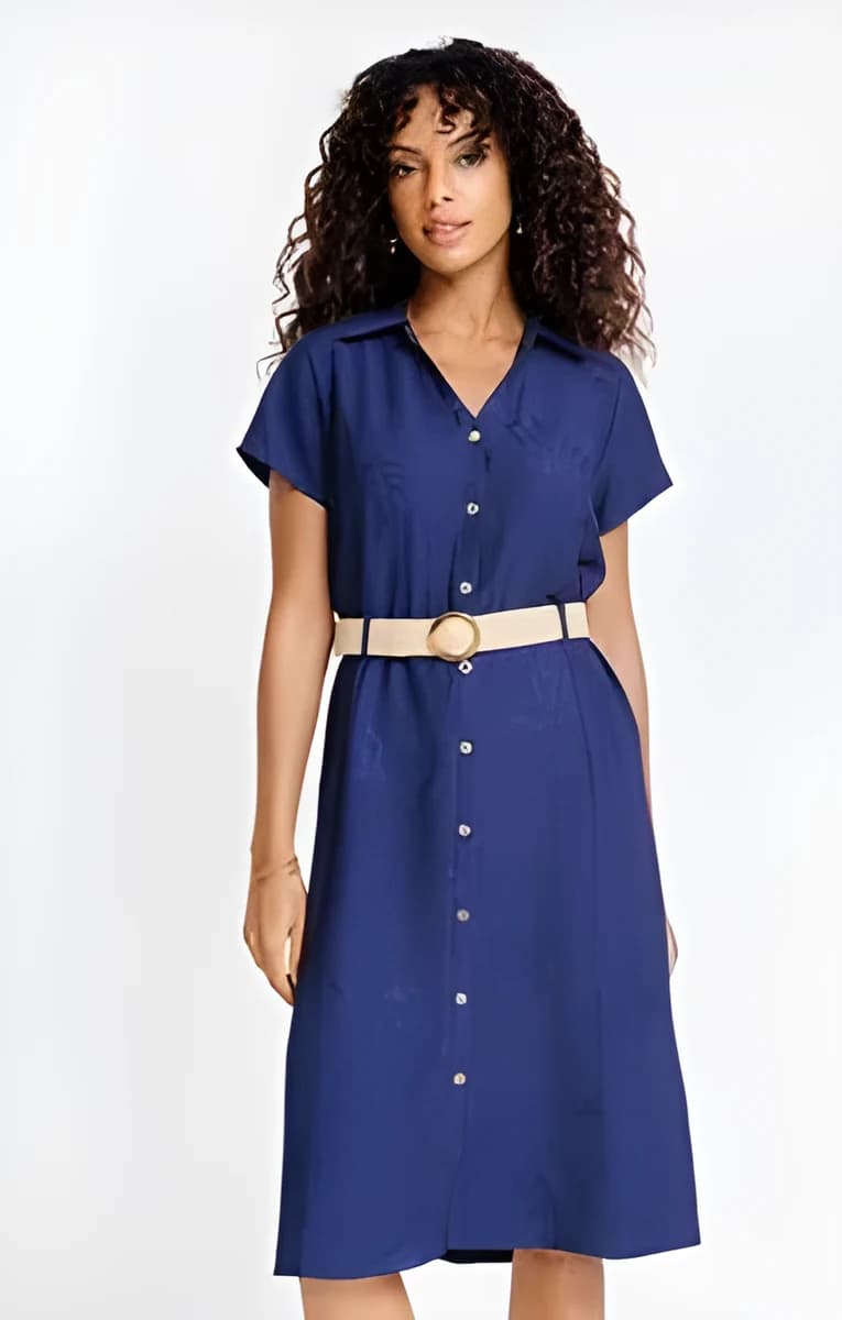 Robe midi col chemise et col V – Vert Nil