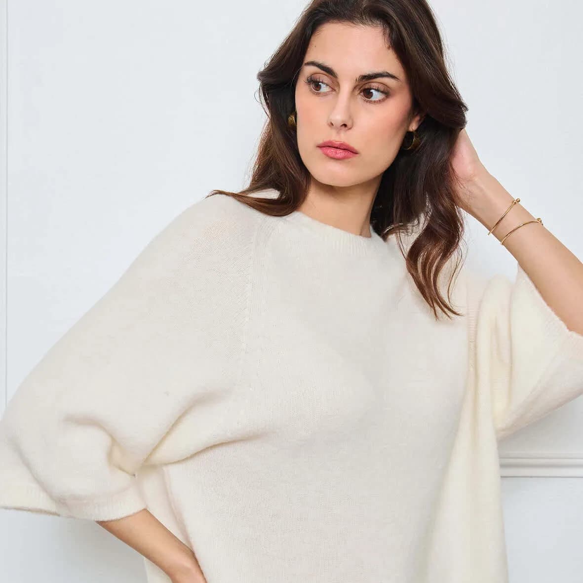 Pull Col Rond avec Manches 3/4 Louie Blanc