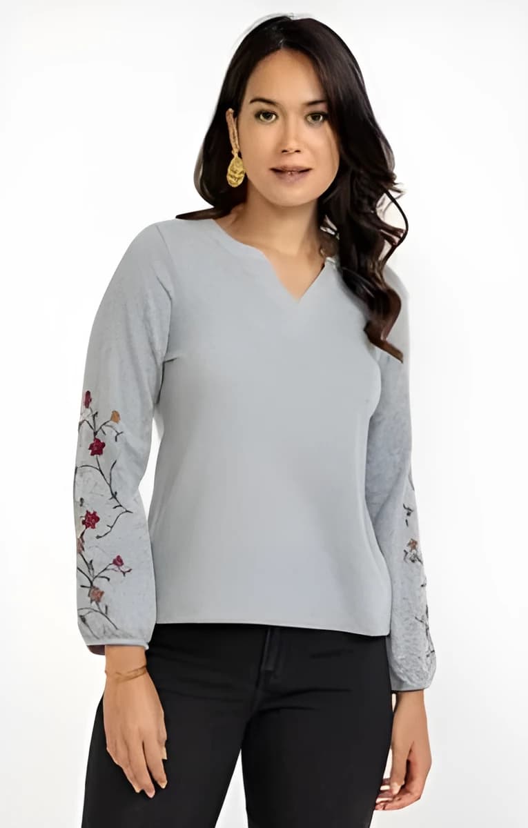 Tee-shirt brodé col mao – Gris Moyen