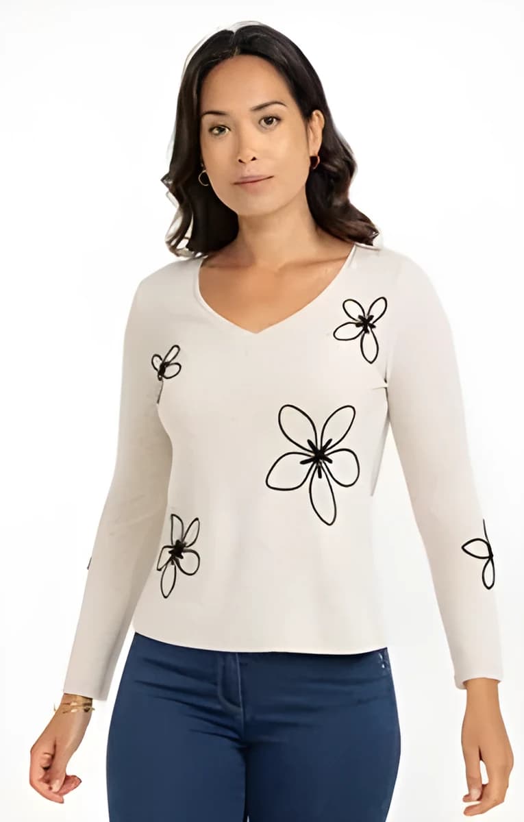 Tee-shirt brodé manches longues – Beige