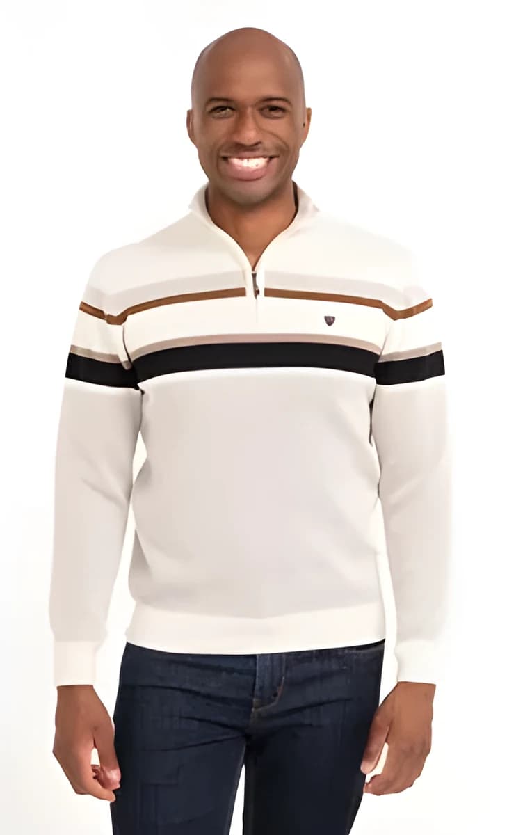 Pull col montant rayé – Écru