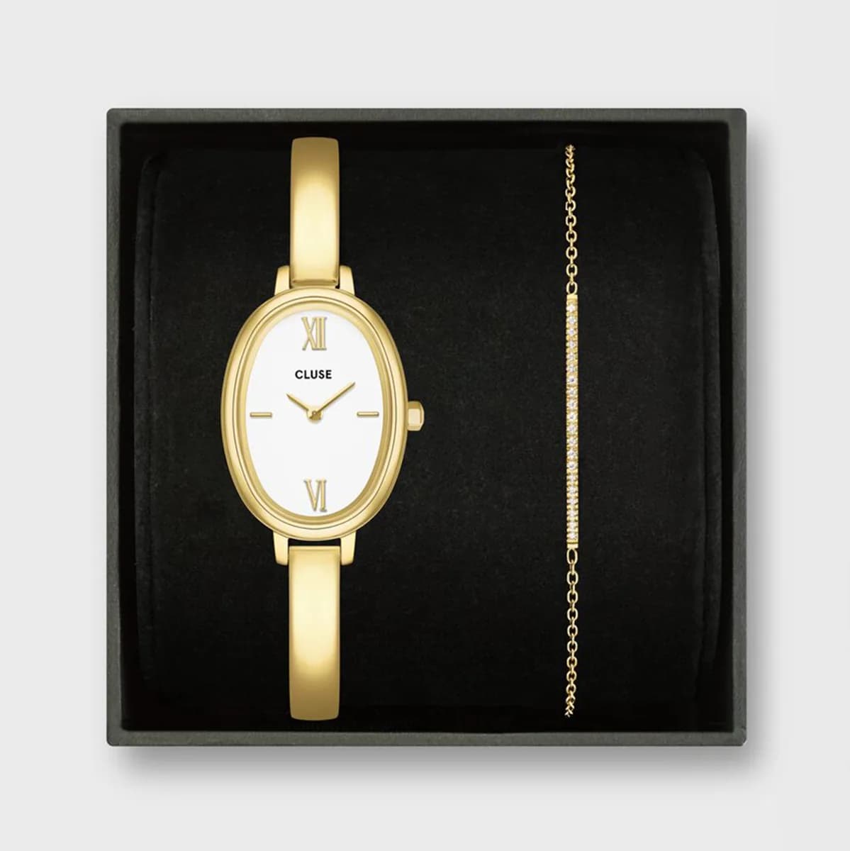 Gift Box L'Ovale Watch Steel, White & Flat Zirconia Chain Bracelet, Gold Colour