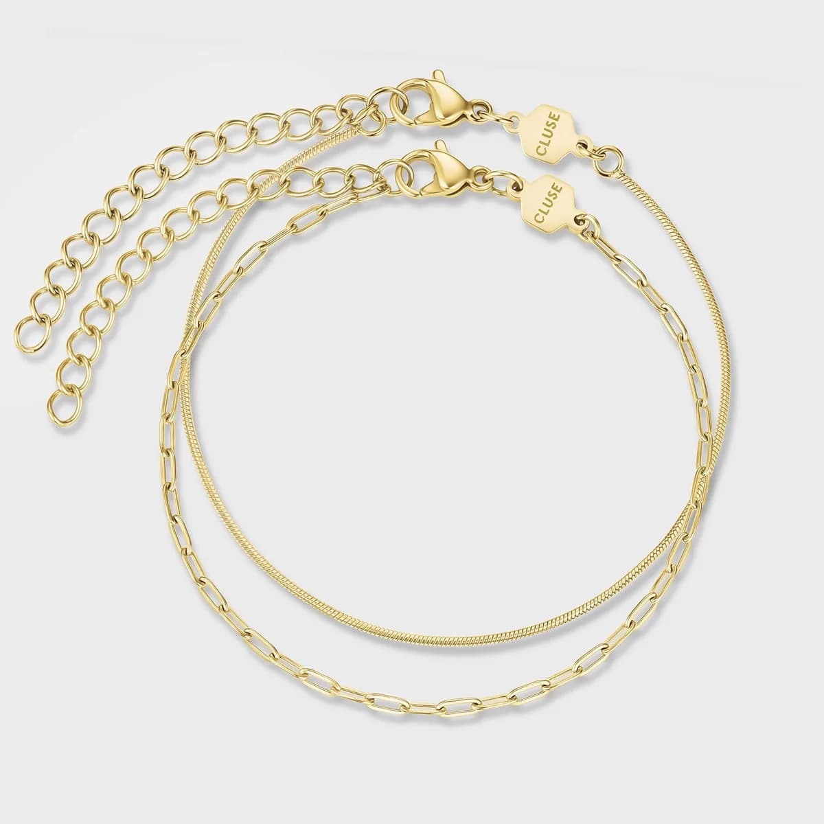 Essentielle Paperclip & Round Snake Chain Bracelet Set, Gold Colour