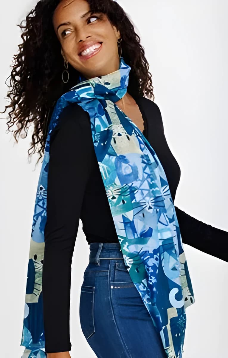 Foulard voile chaud imprimé chats – Bleu