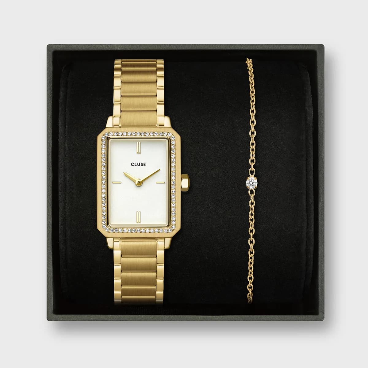 Gift Box Fluette Watch Steel, White Stones & Zircon Bracelet, Gold Colour