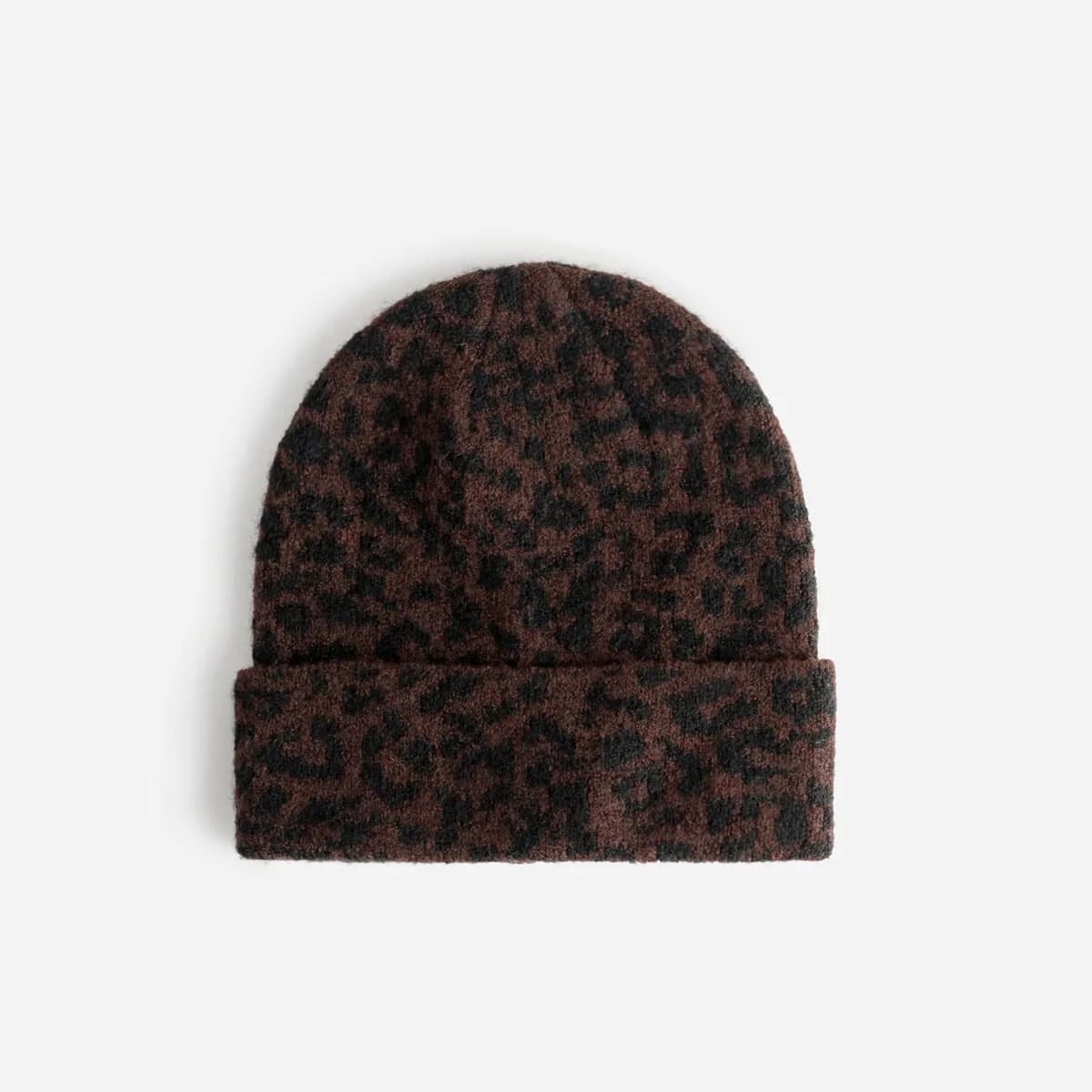 Bonnet marron tricot motif léopard