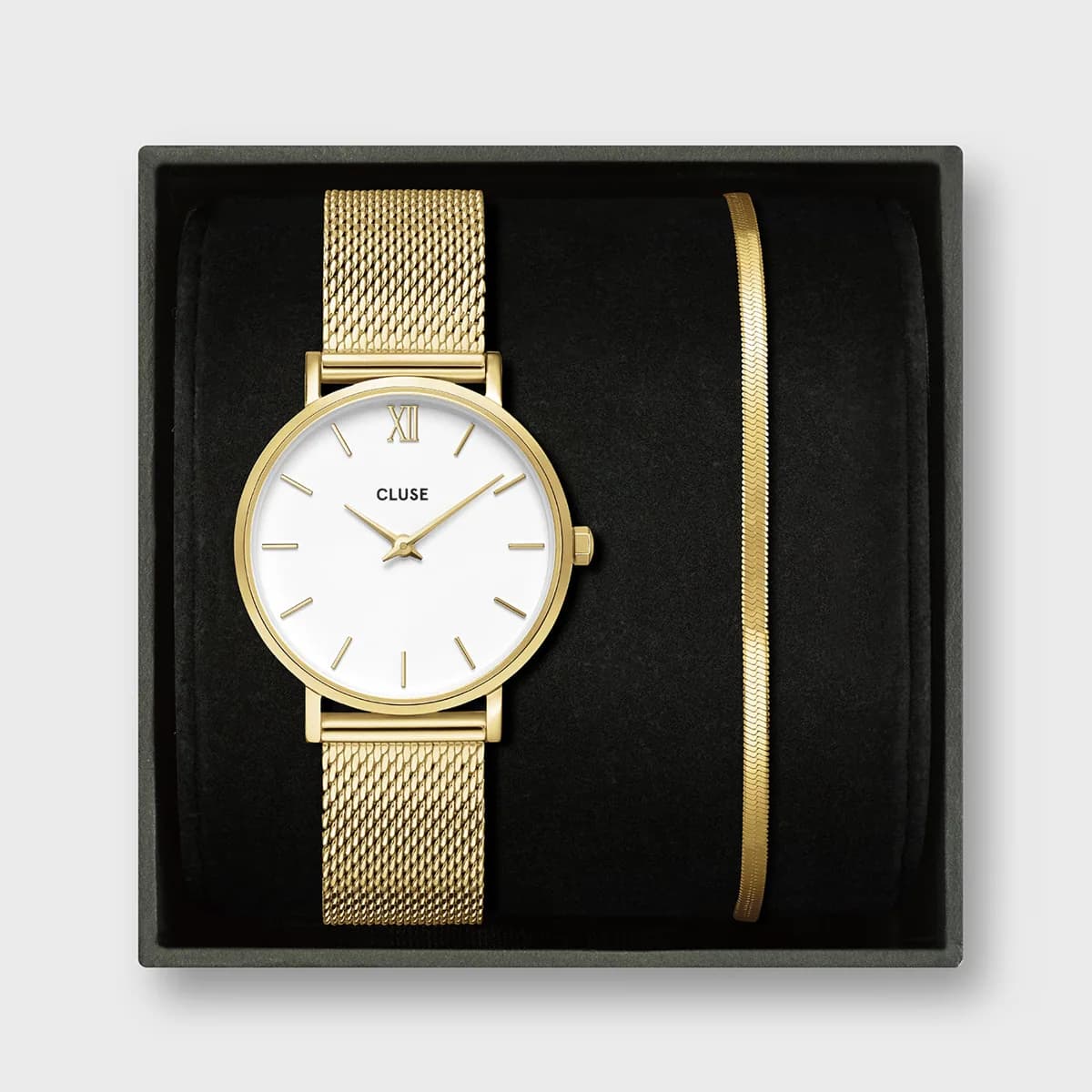 Gift Box Minuit Watch Mesh, White & Flat Snake Bracelet, Gold Colour