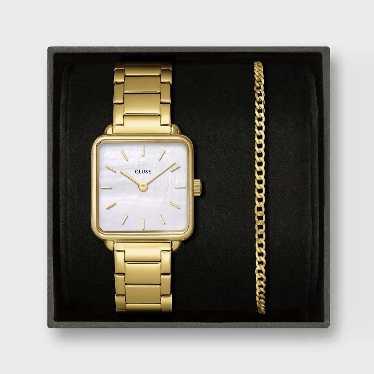 Gift Box La Tétragone Watch Steel, White Pearl & Curb Chain Bracelet, Gold Colour