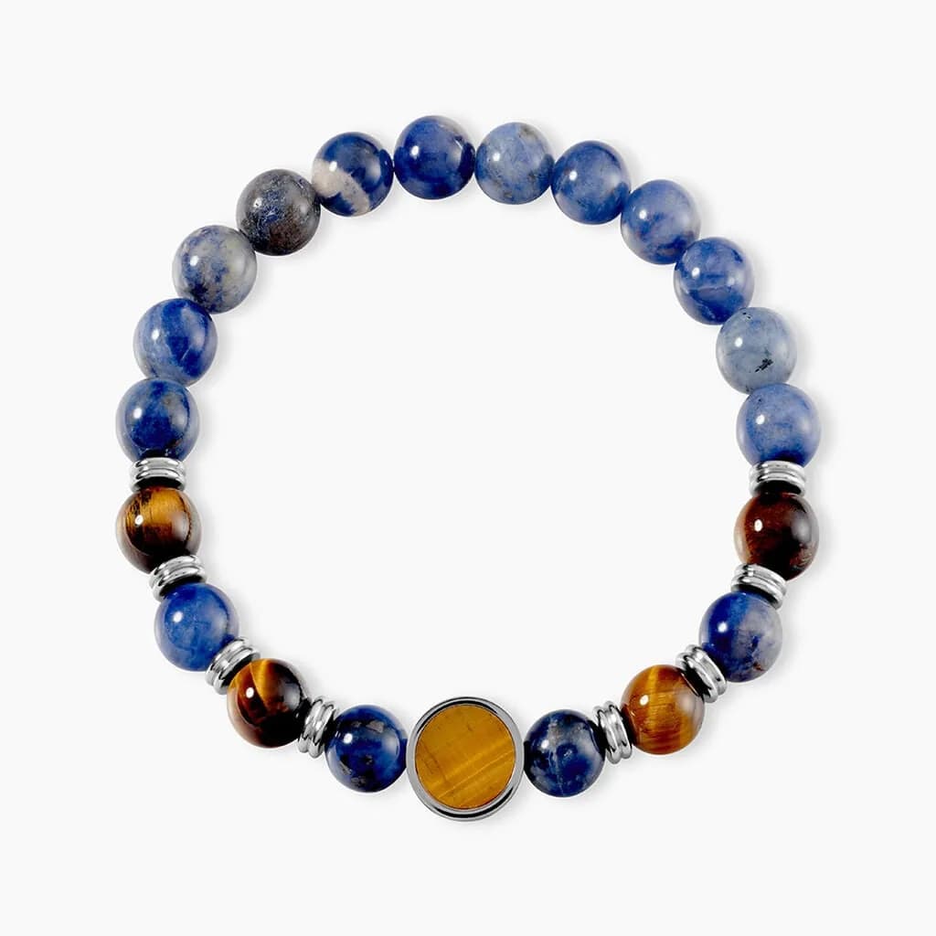 Bracelet Jourdan Archimedes Acier Argenté Oeil De Tigre Sodalite