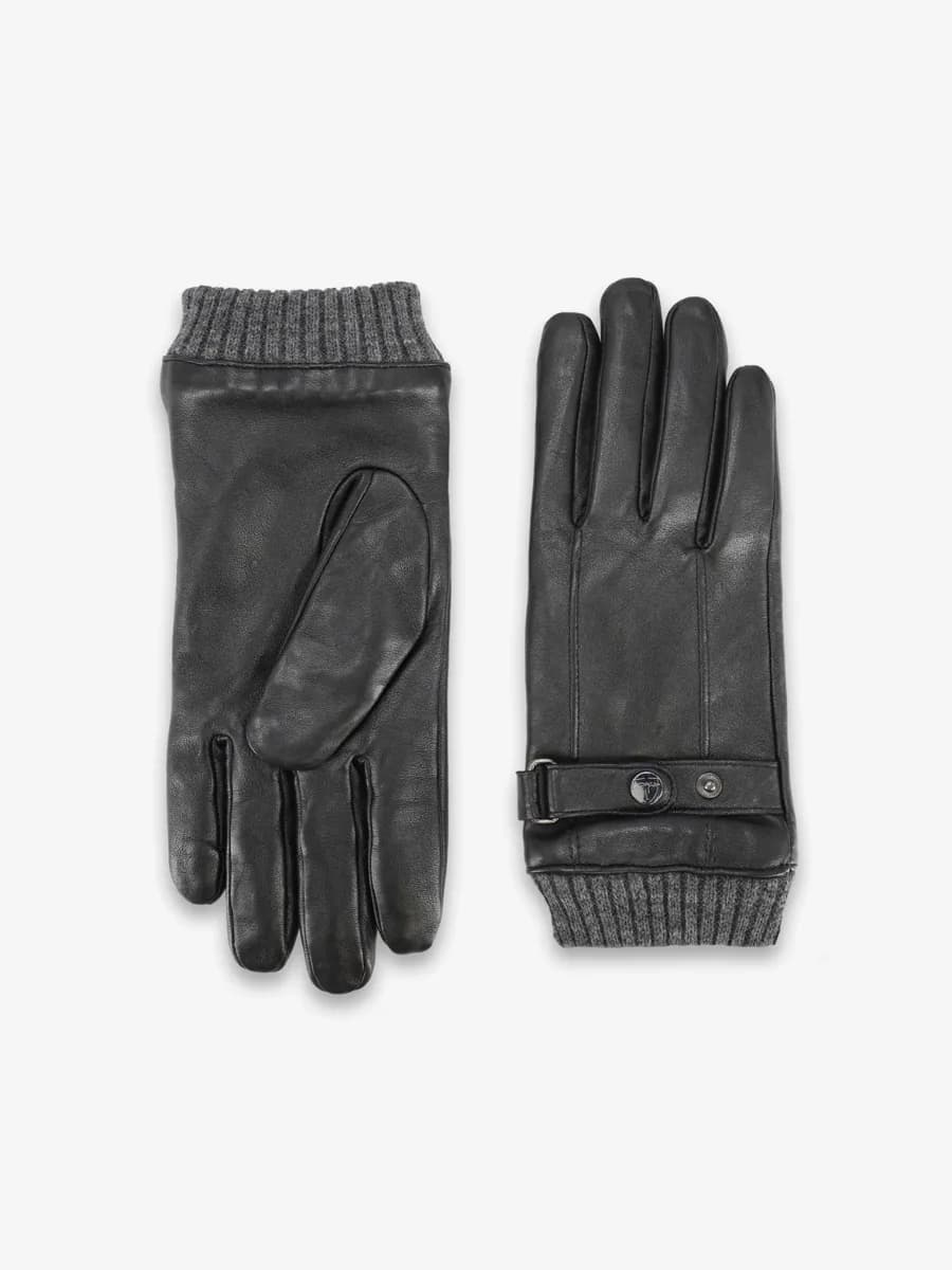 Gants en cuir et bord côte en maille noire