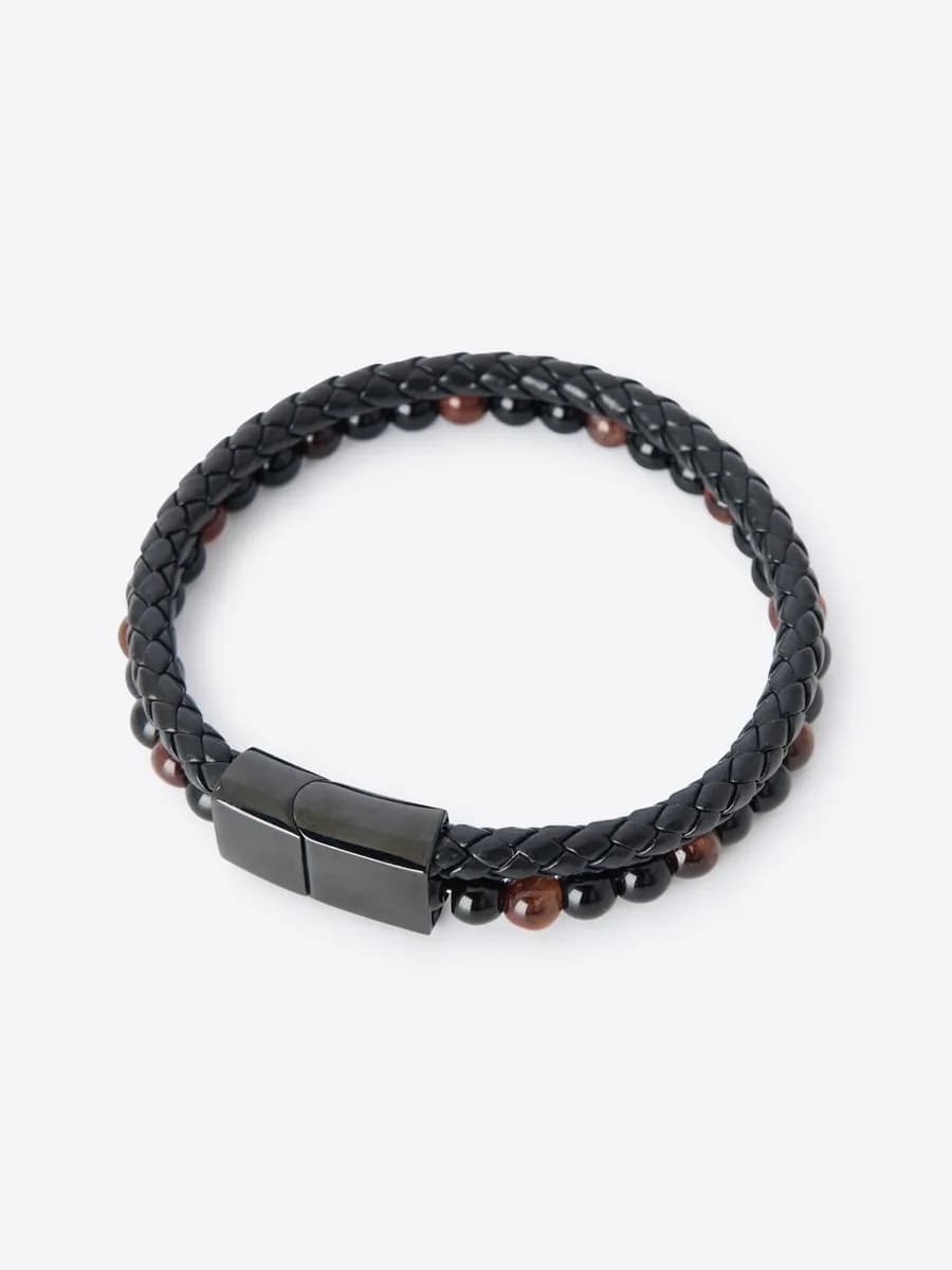 Double bracelet cuir tressé et perles