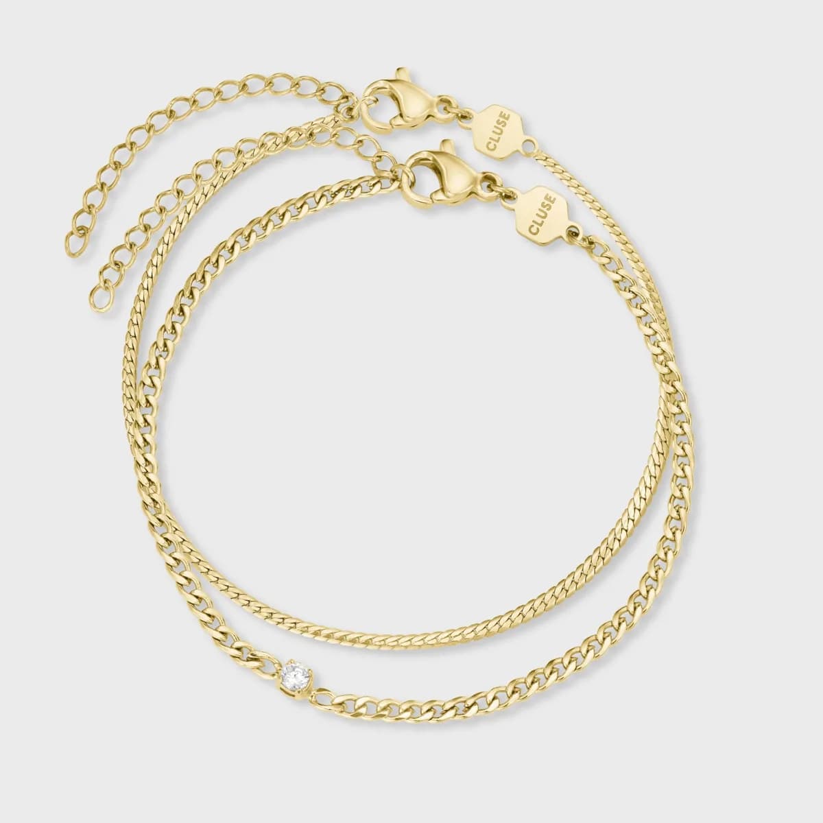 Élevé Zirconia & Flat Snake Chain Bracelet Set, Gold Colour
