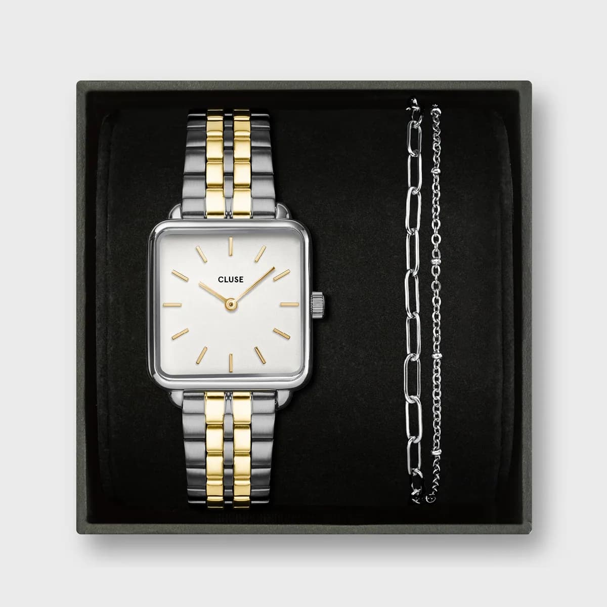Gift Box La Tétragone Watch Steel, Two-Tone & Double Chain Bracelet, Silver Colour