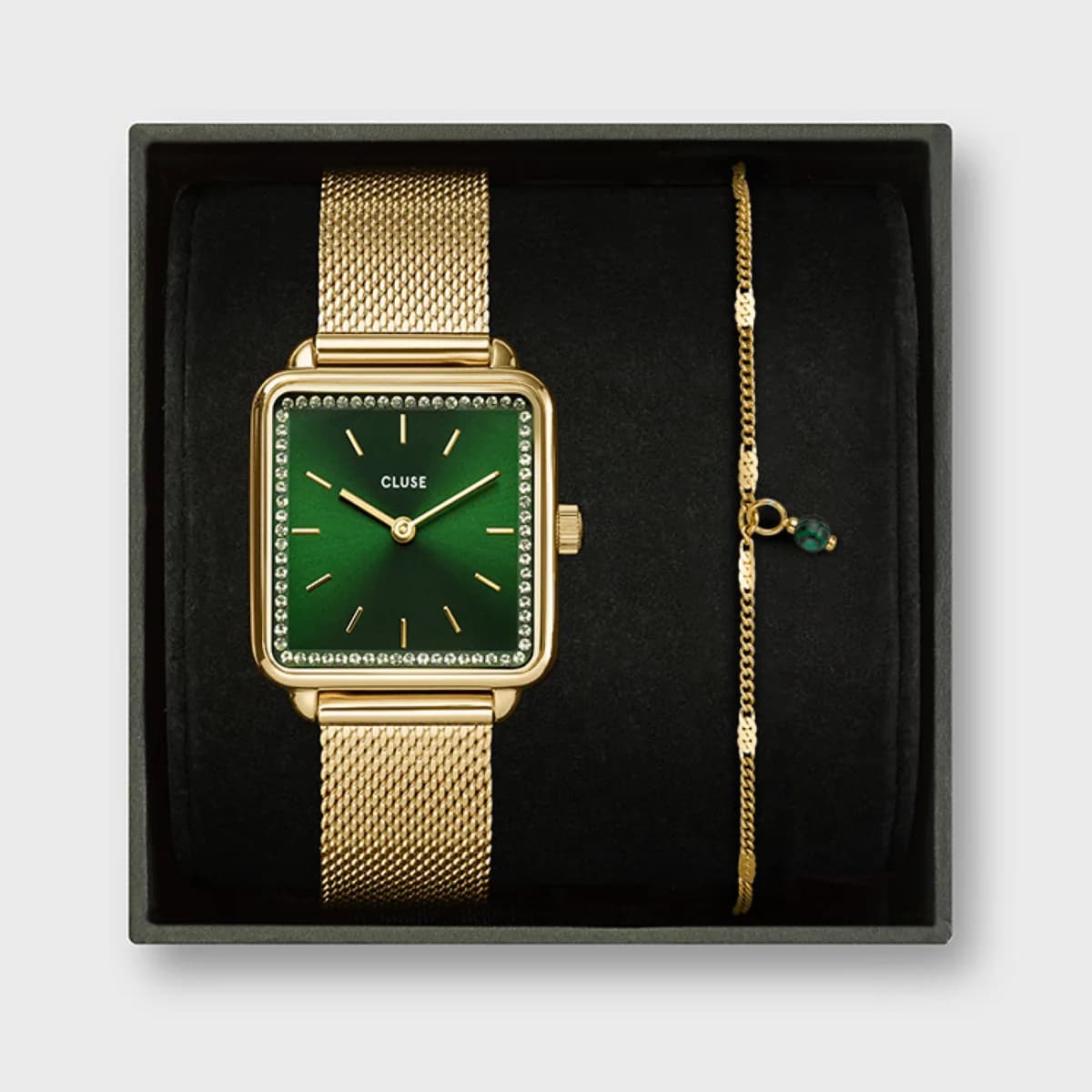 Gift Box La Tétragone Watch Mesh, Green & Malachite Bracelet, Gold Colour