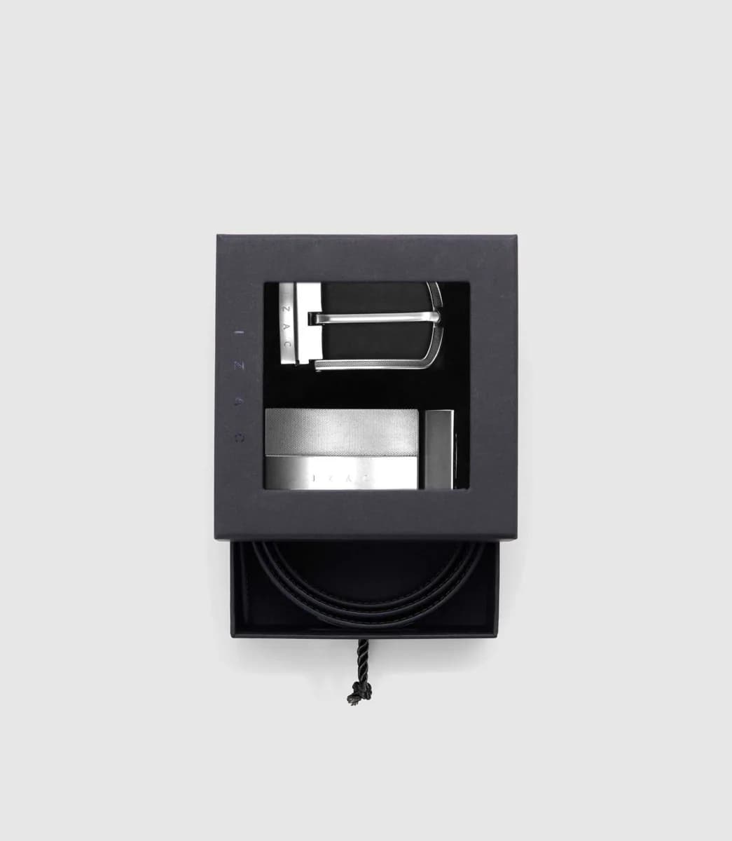 Coffret ceinture réversible en cuir noire et grise